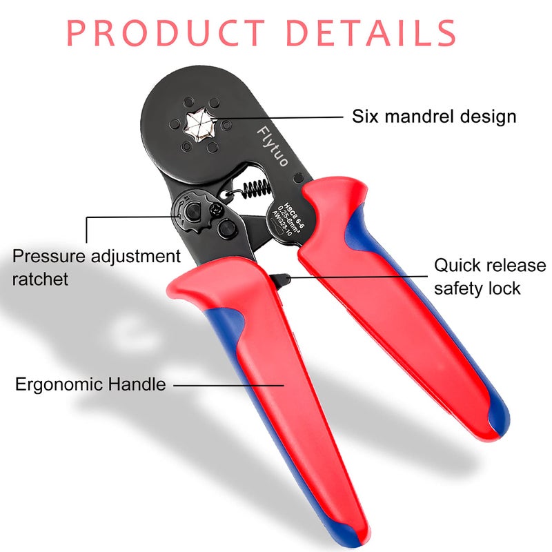 Flytuo Hexagonal Crimping Tool, AWG23-10 HSC8 6-6 Self-adjusting Ratchet Wire Ferrule Crimper Plier for Wire Terminals Cables End-sleeves - Image 3